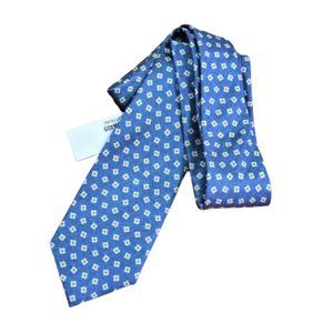 $440 New BRIONI Bluette Blue White Gold Geometric Handmade Italy Silk Neck Tie